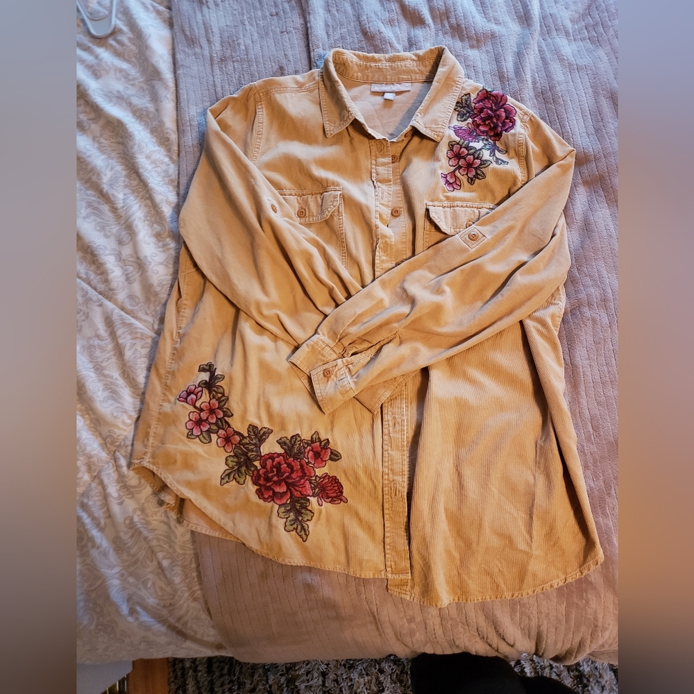 Embroidered corduroy button up shirt
